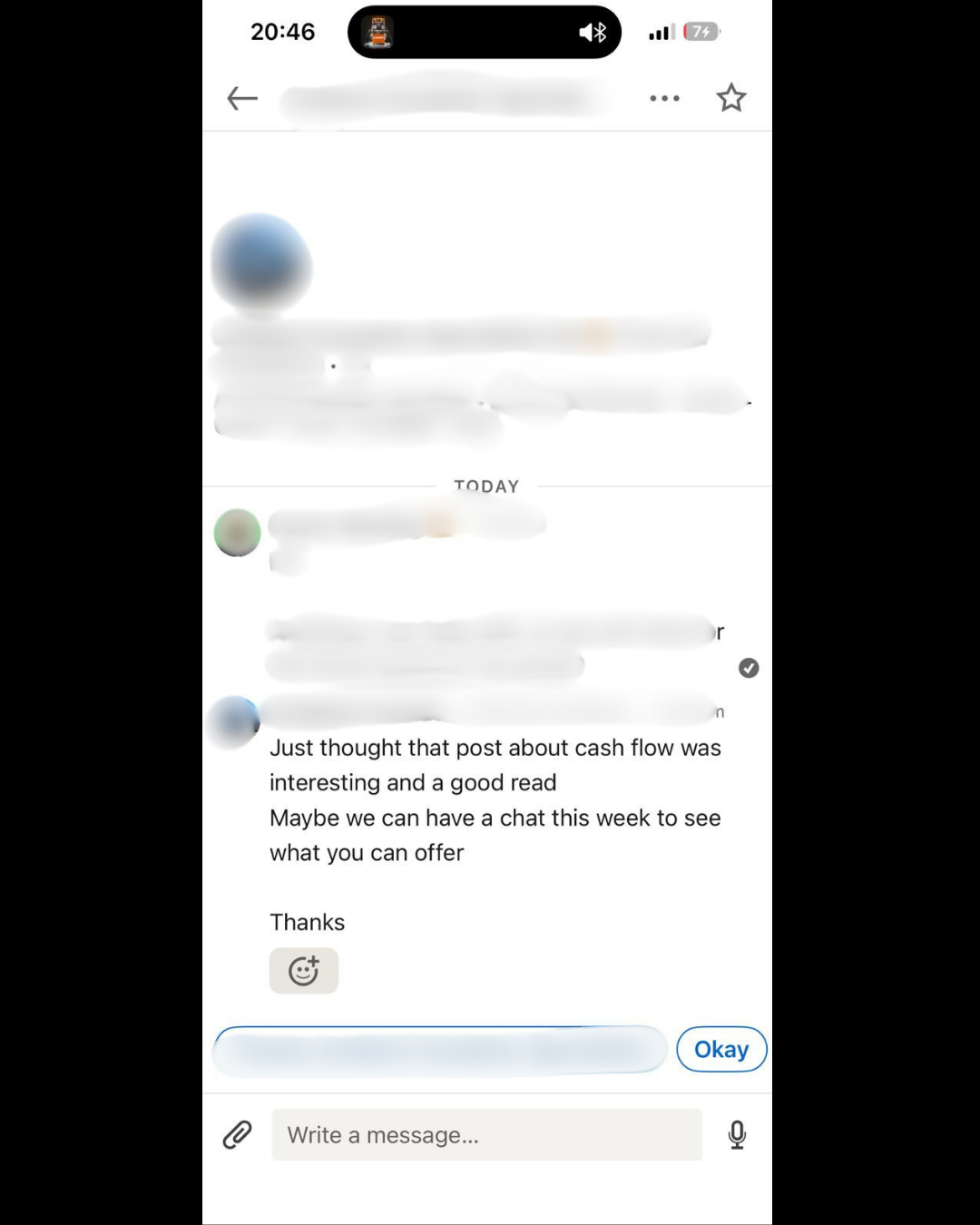 LinkedIn chat asking for help with accounts